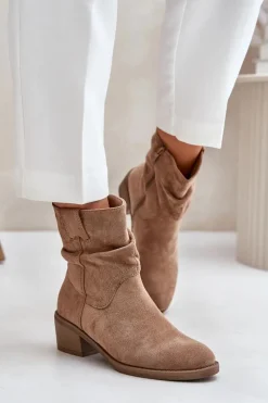 Botki Na Obcasie|Botki Zamszowe>Boto Ocieplane Botki Damskie Z Marszczoną Cholewką Na Niskim Obcasie Beżowe Zinanya