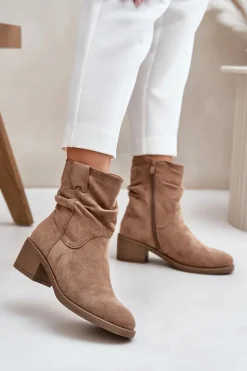 Botki Na Obcasie|Botki Zamszowe>Boto Ocieplane Botki Damskie Z Marszczoną Cholewką Na Niskim Obcasie Beżowe Zinanya