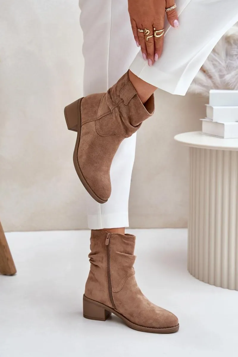 Botki Na Obcasie|Botki Zamszowe>Boto Ocieplane Botki Damskie Z Marszczoną Cholewką Na Niskim Obcasie Beżowe Zinanya