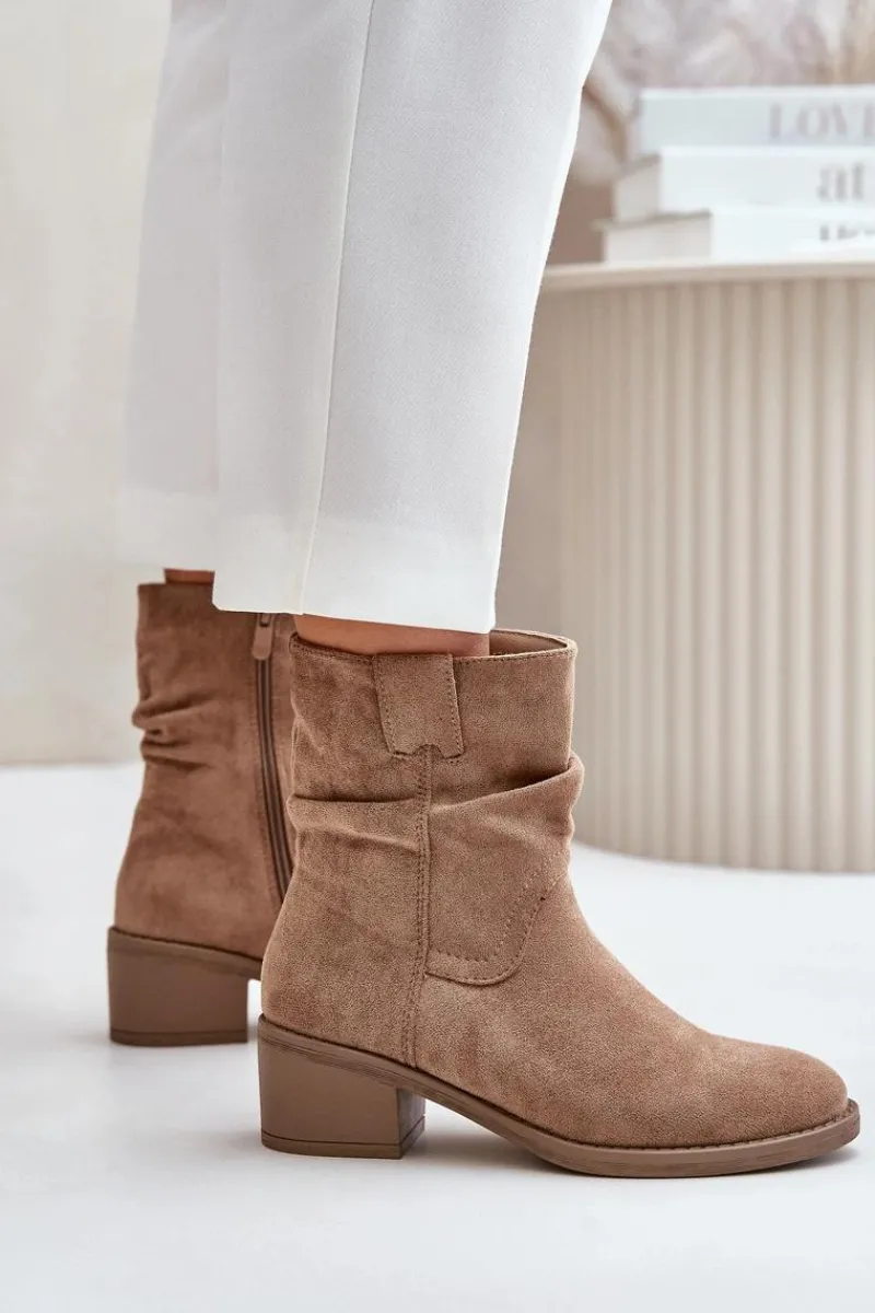 Botki Na Obcasie|Botki Zamszowe>Boto Ocieplane Botki Damskie Z Marszczoną Cholewką Na Niskim Obcasie Beżowe Zinanya