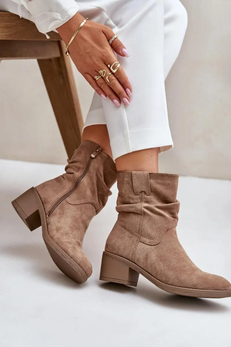 Botki Na Obcasie|Botki Zamszowe>Boto Ocieplane Botki Damskie Z Marszczoną Cholewką Na Niskim Obcasie Beżowe Zinanya