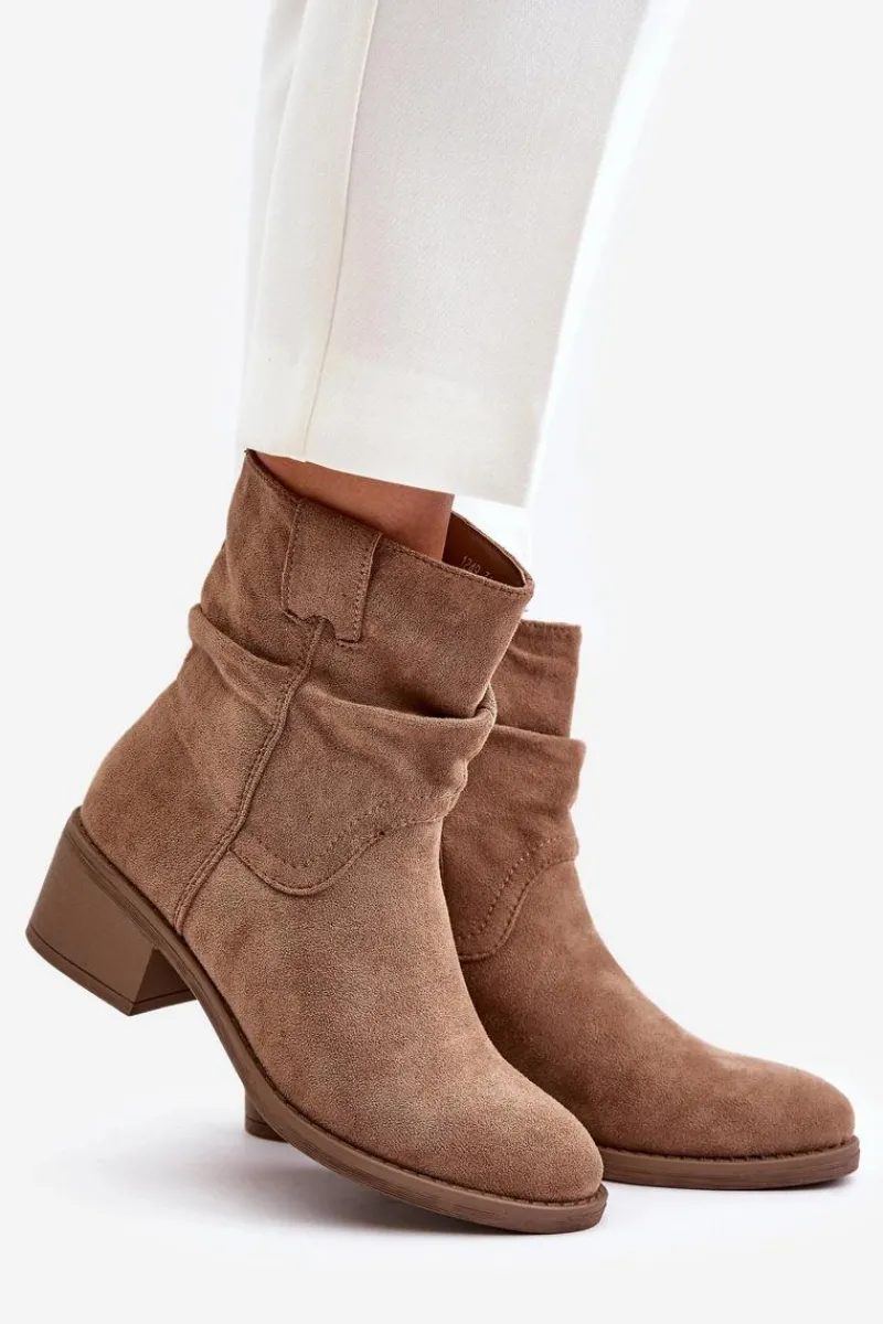 Botki Na Obcasie|Botki Zamszowe>Boto Ocieplane Botki Damskie Z Marszczoną Cholewką Na Niskim Obcasie Beżowe Zinanya