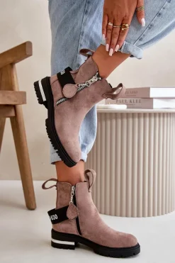 Sale Boto Ocieplane Botki Damskie Z Suwakiem Ciemnobeżowe Calvaro
