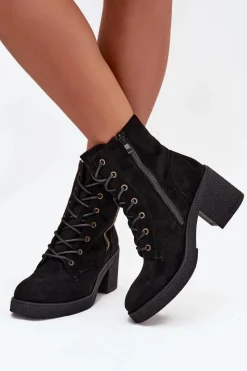 Boto Ocieplane Botki Damskie Ze Sznurowaniem I Suwakami Czarne Paressa