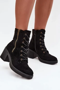 Boto Ocieplane Botki Damskie Ze Sznurowaniem I Suwakami Czarne Paressa