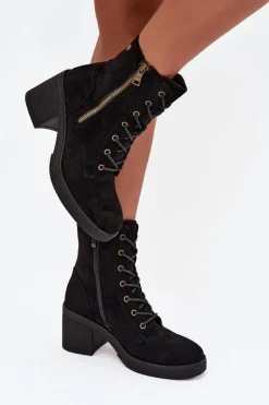 Boto Ocieplane Botki Damskie Ze Sznurowaniem I Suwakami Czarne Paressa
