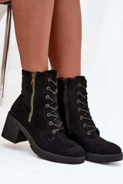 Boto Ocieplane Botki Damskie Ze Sznurowaniem I Suwakami Czarne Paressa