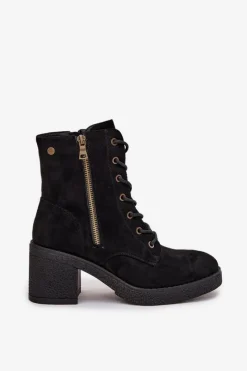 Boto Ocieplane Botki Damskie Ze Sznurowaniem I Suwakami Czarne Paressa