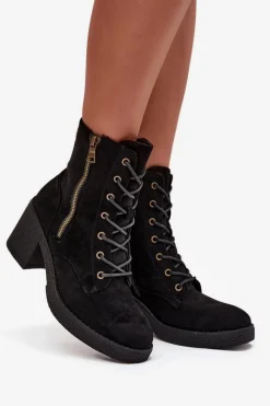 Boto Ocieplane Botki Damskie Ze Sznurowaniem I Suwakami Czarne Paressa