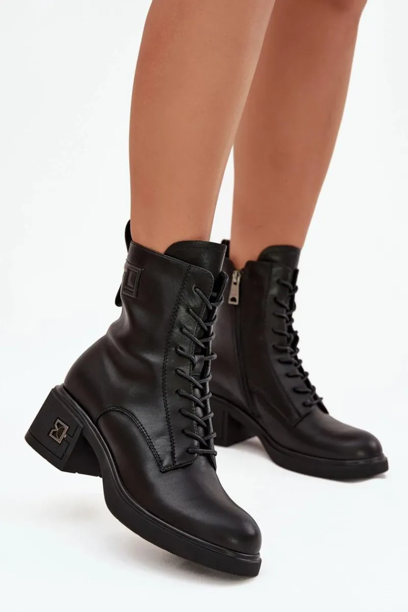 Botki Ocieplane|Botki Sznurowane>Buty damskie Vinceza Ocieplane Botki Damskie Z Naturalnej Skóry Na Klocku Vinceza 66819 Czarne