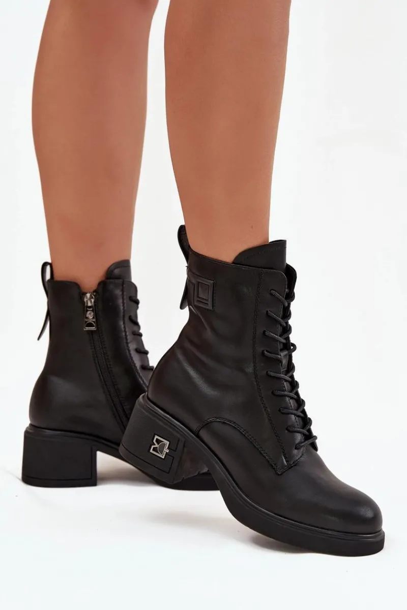 Botki Ocieplane|Botki Sznurowane>Buty damskie Vinceza Ocieplane Botki Damskie Z Naturalnej Skóry Na Klocku Vinceza 66819 Czarne