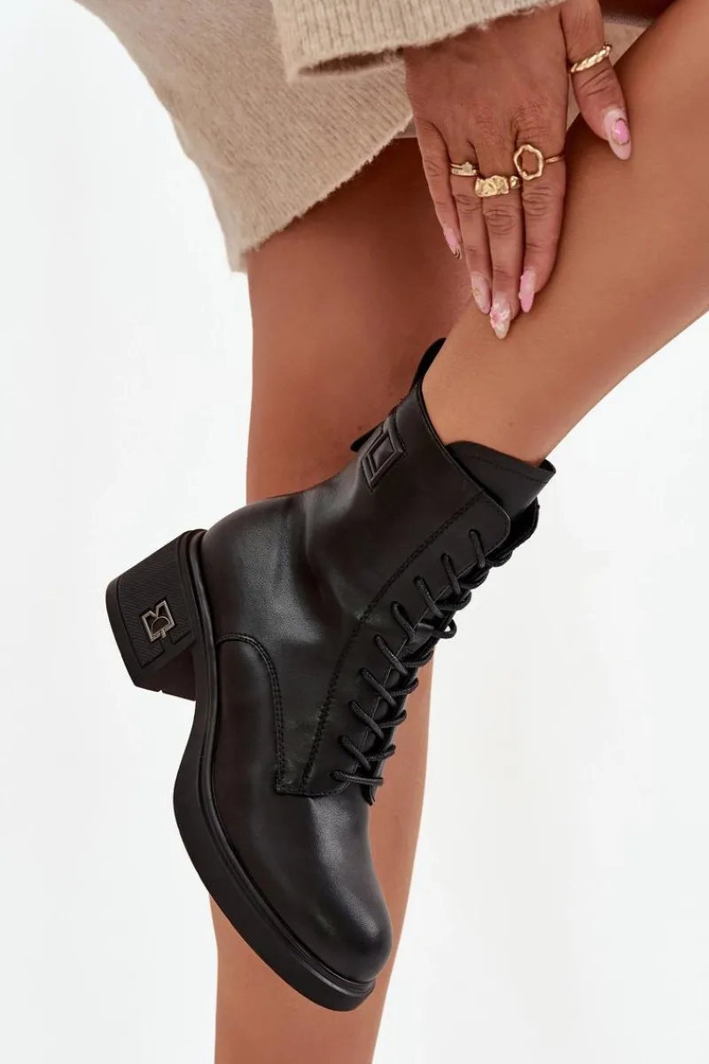 Botki Ocieplane|Botki Sznurowane>Buty damskie Vinceza Ocieplane Botki Damskie Z Naturalnej Skóry Na Klocku Vinceza 66819 Czarne