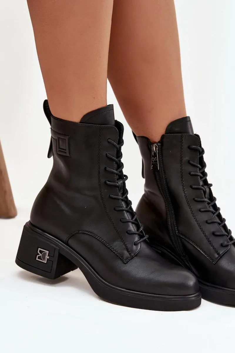 Botki Ocieplane|Botki Sznurowane>Buty damskie Vinceza Ocieplane Botki Damskie Z Naturalnej Skóry Na Klocku Vinceza 66819 Czarne