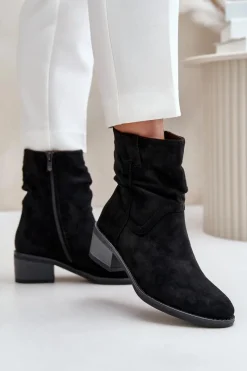 Online Boto Ocieplane Botki Damskie Z Marszczoną Cholewką Na Niskim Obcasie Czarne Zinanya