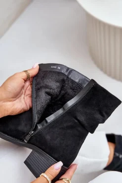 Online Boto Ocieplane Botki Damskie Z Marszczoną Cholewką Na Niskim Obcasie Czarne Zinanya