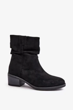 Online Boto Ocieplane Botki Damskie Z Marszczoną Cholewką Na Niskim Obcasie Czarne Zinanya