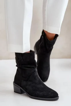 Online Boto Ocieplane Botki Damskie Z Marszczoną Cholewką Na Niskim Obcasie Czarne Zinanya