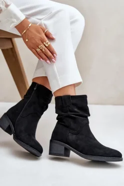 Online Boto Ocieplane Botki Damskie Z Marszczoną Cholewką Na Niskim Obcasie Czarne Zinanya