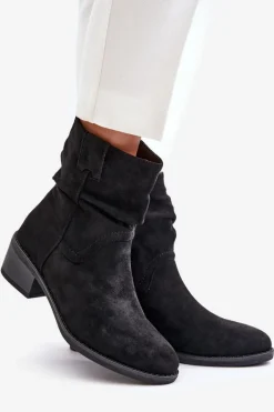Online Boto Ocieplane Botki Damskie Z Marszczoną Cholewką Na Niskim Obcasie Czarne Zinanya