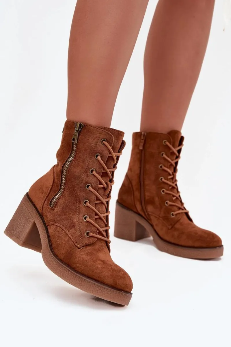 Clearance Boto Ocieplane Botki Damskie Ze Sznurowaniem I Suwakami Camel Paressa
