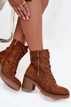 Clearance Boto Ocieplane Botki Damskie Ze Sznurowaniem I Suwakami Camel Paressa