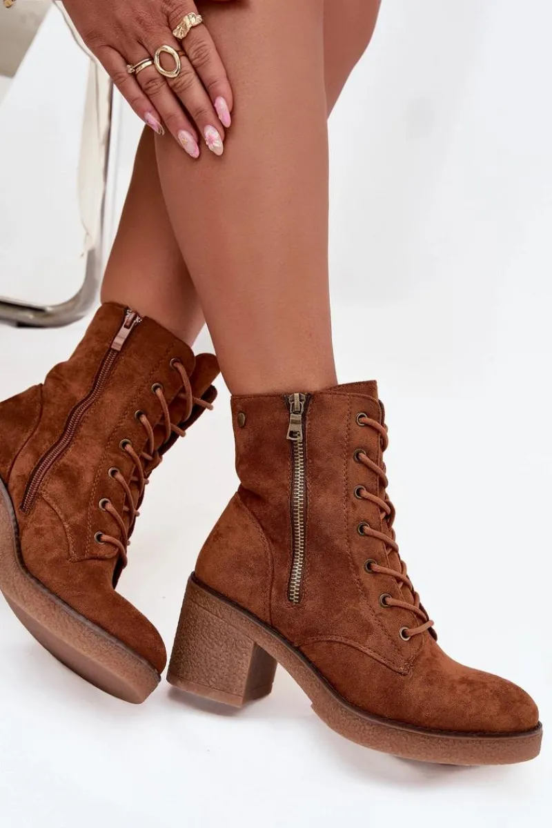 Clearance Boto Ocieplane Botki Damskie Ze Sznurowaniem I Suwakami Camel Paressa