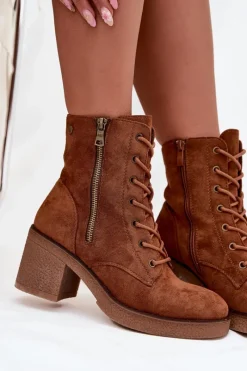 Clearance Boto Ocieplane Botki Damskie Ze Sznurowaniem I Suwakami Camel Paressa