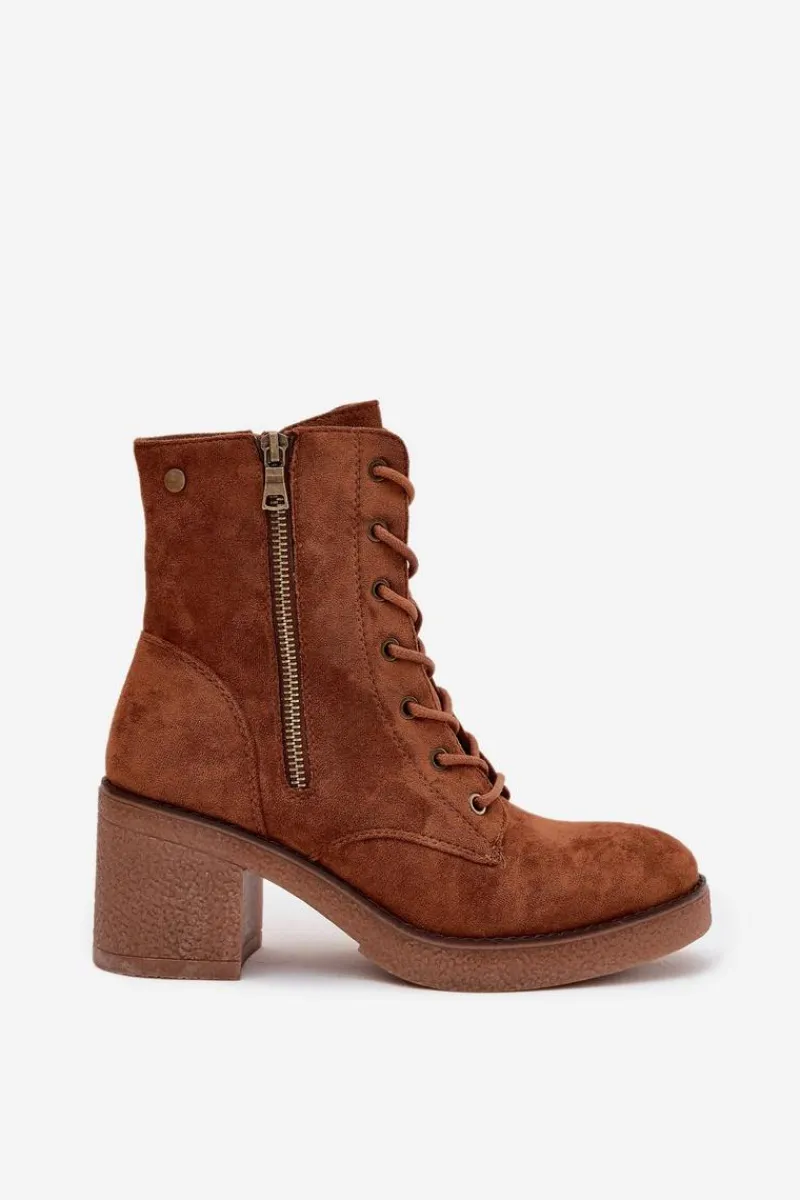 Clearance Boto Ocieplane Botki Damskie Ze Sznurowaniem I Suwakami Camel Paressa