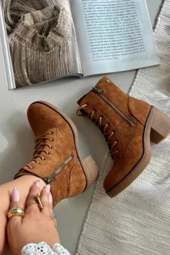 Clearance Boto Ocieplane Botki Damskie Ze Sznurowaniem I Suwakami Camel Paressa