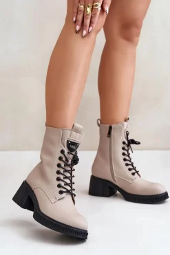 Ocieplane Botki Damskie Ze Skóry Naturalnej Vinceza 66671 Beżowe Damskie Botki Ocieplane|Botki Sznurowane