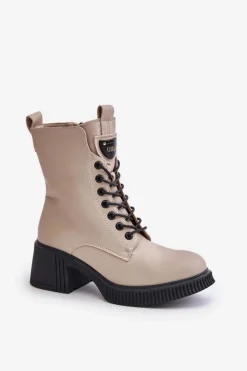 Ocieplane Botki Damskie Ze Skóry Naturalnej Vinceza 66671 Beżowe Damskie Botki Ocieplane|Botki Sznurowane