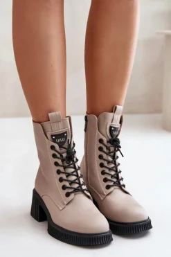 Ocieplane Botki Damskie Ze Skóry Naturalnej Vinceza 66671 Beżowe Damskie Botki Ocieplane|Botki Sznurowane
