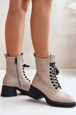 Ocieplane Botki Damskie Ze Skóry Naturalnej Vinceza 66671 Beżowe Damskie Botki Ocieplane|Botki Sznurowane