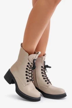 Ocieplane Botki Damskie Ze Skóry Naturalnej Vinceza 66671 Beżowe Damskie Botki Ocieplane|Botki Sznurowane