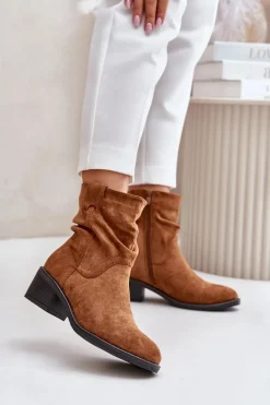 Brązowe I Beżowe Botki|Botki Na Obcasie>Boto Ocieplane Botki Damskie Z Marszczoną Cholewką Na Niskim Obcasie Camel Zinanya