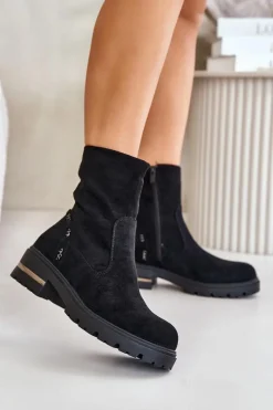 Botki Wiosenne|Botki Płaskie>Boto Ocieplane Botki Damskie Z Eko Zamszu Na Zamek Czarne Narilie