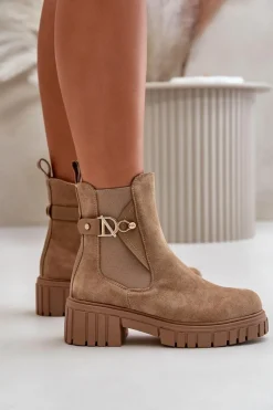 Hot Ocieplane Botki Damskie Ze Złotym Detalem Eko Zamszowe Beżowe Bervena Damskie Botki Zimowe Damskie|Botki Płaskie