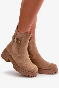 Hot Ocieplane Botki Damskie Ze Złotym Detalem Eko Zamszowe Beżowe Bervena Damskie Botki Zimowe Damskie|Botki Płaskie