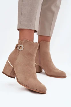 Botki Ocieplane|Botki Na Słupku>Boto Ocieplane Botki Damskie Ze Złotymi Detalami Na Słupku Beżowe Dorisse Beżowy