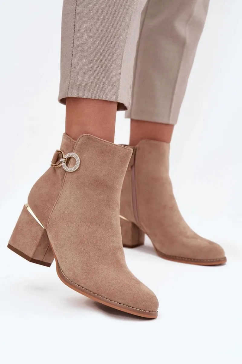 Botki Ocieplane|Botki Na Słupku>Boto Ocieplane Botki Damskie Ze Złotymi Detalami Na Słupku Beżowe Dorisse Beżowy