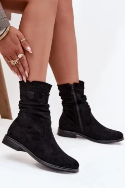 Botki Ocieplane|Czarne Botki>Boto Ocieplane Botki Damskie Z Marszczoną Cholewką Na Płaskim Obcasie Czarne Krisia