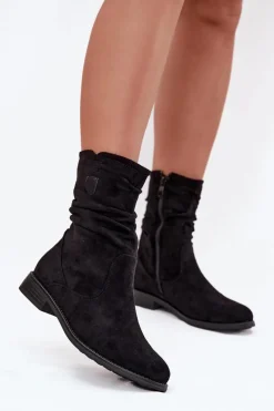 Botki Ocieplane|Czarne Botki>Boto Ocieplane Botki Damskie Z Marszczoną Cholewką Na Płaskim Obcasie Czarne Krisia