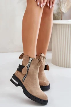 Best Ocieplane Botki Damskie Z Suwakiem Brązowe Calvaro Damskie Botki Zimowe Damskie|Brązowe I Beżowe Botki