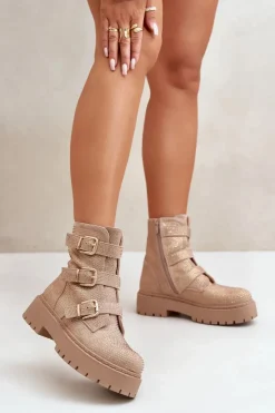 Ocieplane Botki Damskie Ze Zdobieniem Beżowe Ciascia Damskie Botki Ocieplane|Czarne Botki