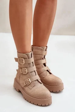 Ocieplane Botki Damskie Ze Zdobieniem Beżowe Ciascia Damskie Botki Ocieplane|Czarne Botki