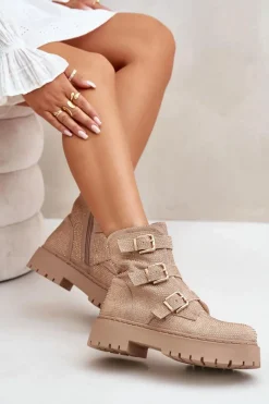 Ocieplane Botki Damskie Ze Zdobieniem Beżowe Ciascia Damskie Botki Ocieplane|Czarne Botki