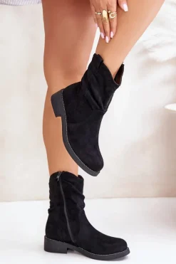 Botki Zimowe Damskie|Brązowe I Beżowe Botki>Boto Ocieplane Botki Damskie Z Marszczeniem I Zdobieniem Czarne Etteara