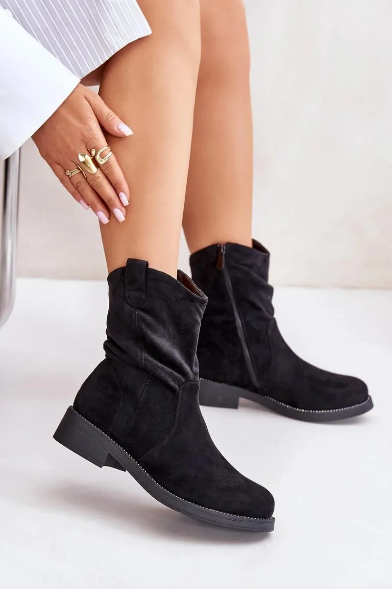 Botki Zimowe Damskie|Brązowe I Beżowe Botki>Boto Ocieplane Botki Damskie Z Marszczeniem I Zdobieniem Czarne Etteara