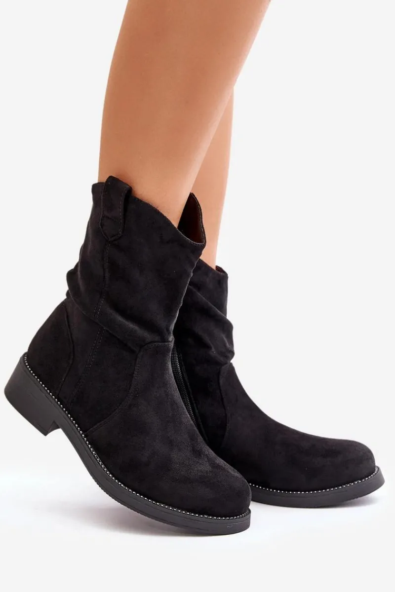 Botki Zimowe Damskie|Brązowe I Beżowe Botki>Boto Ocieplane Botki Damskie Z Marszczeniem I Zdobieniem Czarne Etteara