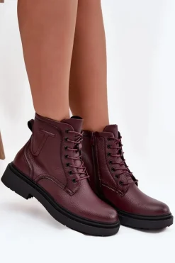 Hot Buty Sergio Leone Ocieplane Botki Damskie Z Naturalnej Skóry Sergio Leone BT25248-S Bordowe Czerwony